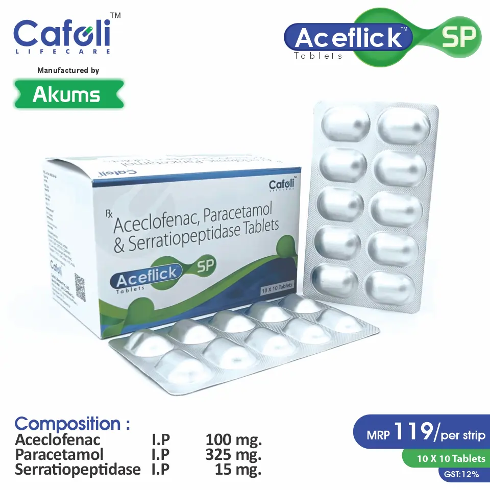 Aceclofenac 100mg + Paracetamol 325mg + Serratiopeptidase 15mg at Best Price in Top PCD Pharma Franchise for Analgesic and Anti-inflammatory, Pain Relief, NSAIDs